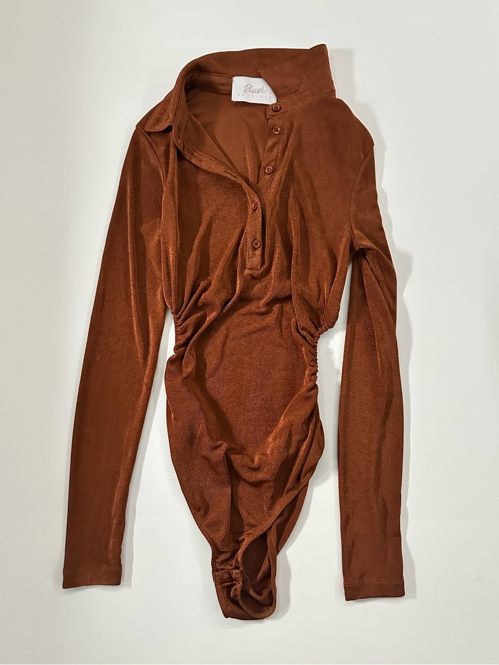 Sleeve-Detail Ruched Bodysuit in Rust - Bush
